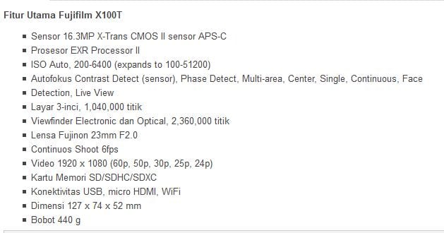 Spesifikasi Fujifilm-X100T
