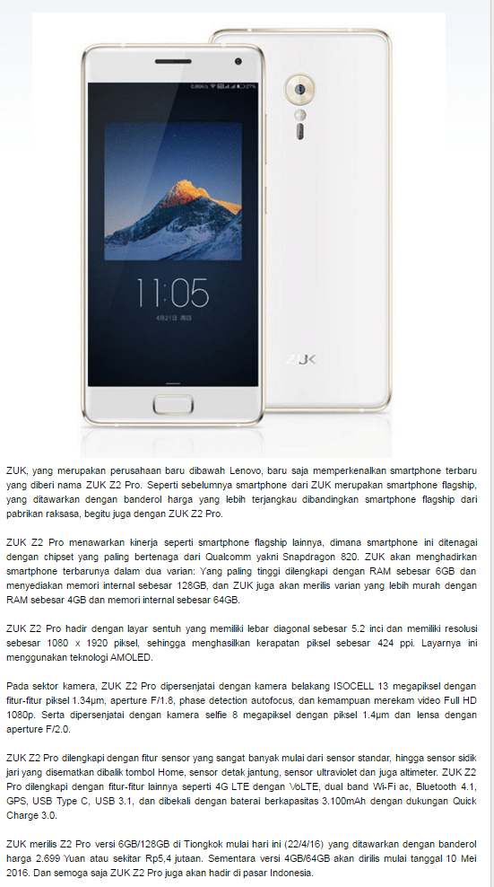 spesifikasi ZUK Z2 Pro