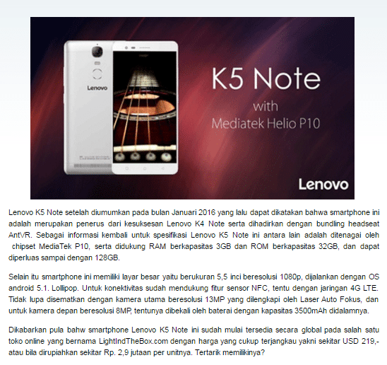 Spesifikasi Lenovo K5 Note