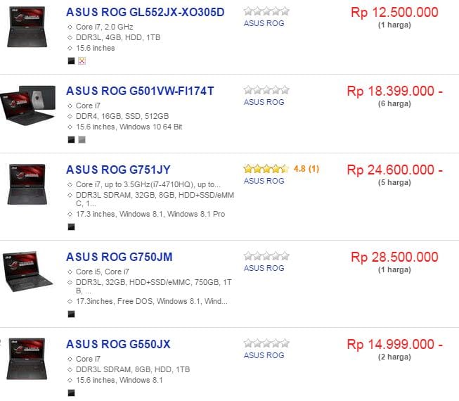 daftar harga laptop asus rog gaming